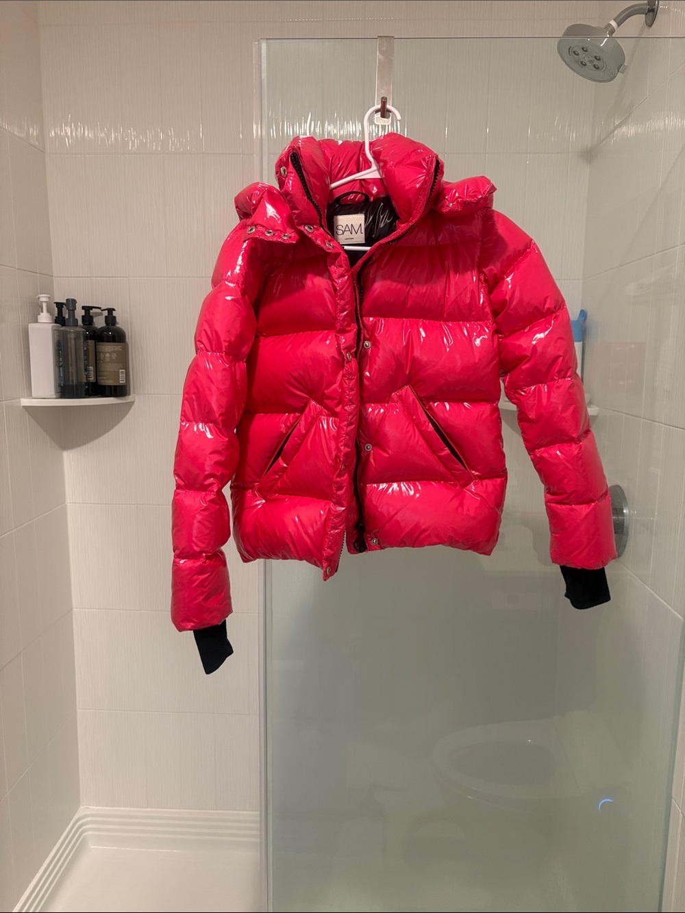 SAM. glossy hot pink puffer jacket